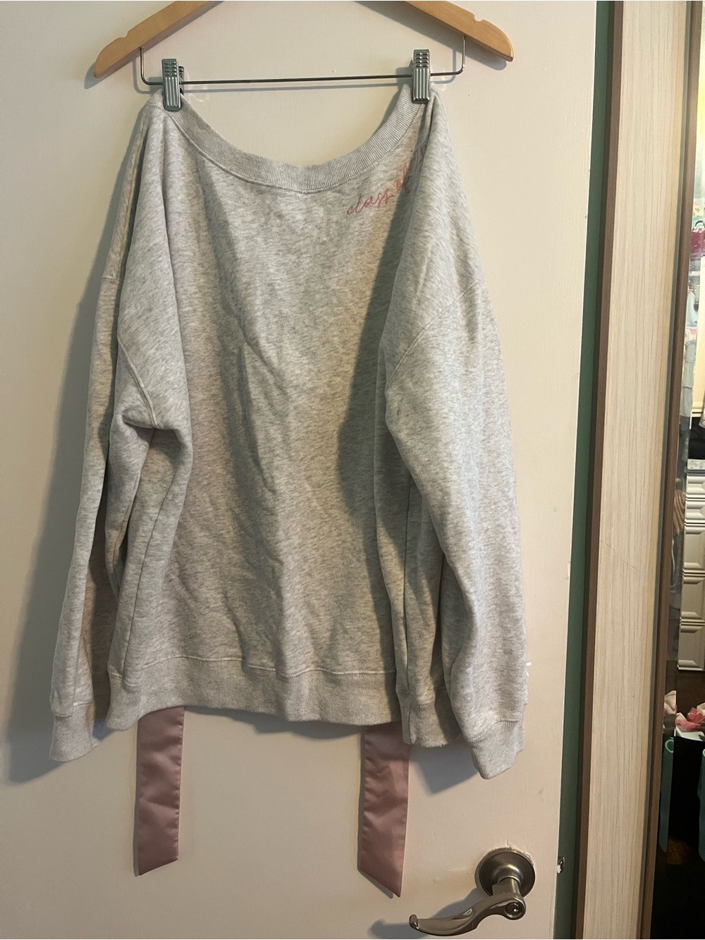 Light Gray Women’s Slouchy Sweatshirt with Pink Satin Bow along back - Picture 3 of 5